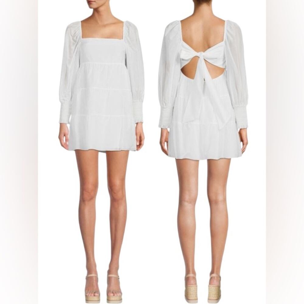 Alice + Olivia White Silk Cotton Rowen Tiered Long Sleeve Babydoll Mini Dress L